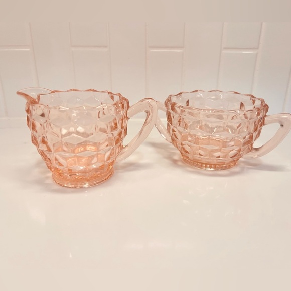Jeanette Glass Other - Vintage Pink Glass Cream and Sugar Set Diamond pattern